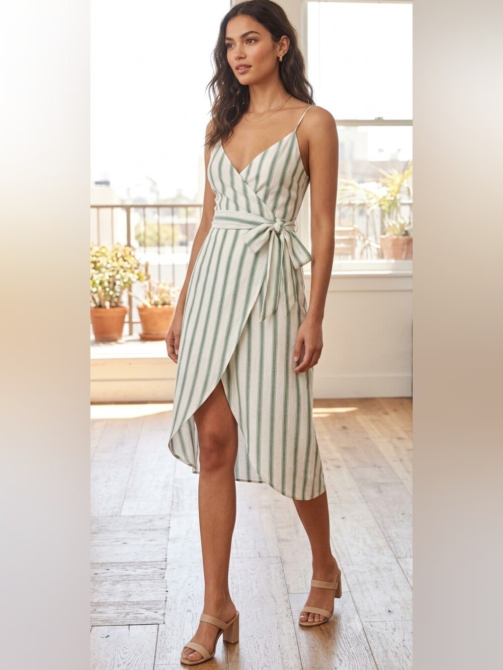 {Reformation} Court Linen Dress with Green Stripes - Large